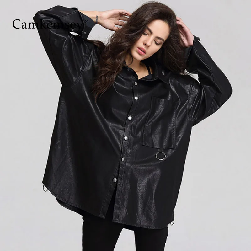 

CamKemsey Autumn Black PU Leather Jacket Women Coat Casual Pockets Long Sleeve Single Breasted Faux Leather Bomber Jacket Female