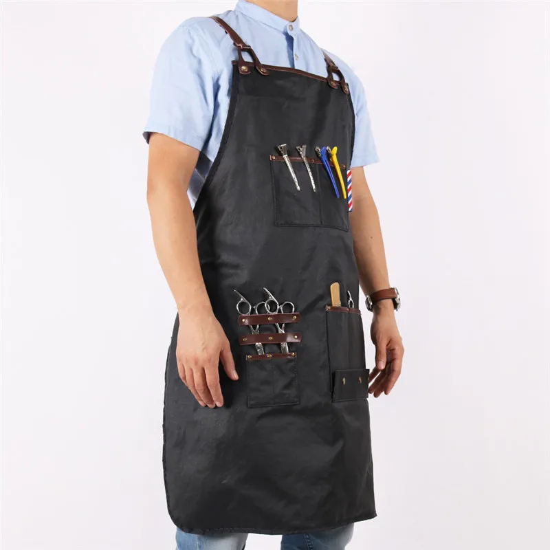 WEEYI Hair Salon Aprons Black Waterproof Cotton Leather Cross Back Barber Uniform Apron For Men Women Hairdresser Apron delantal