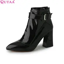 QUTAA Burgundy Pointed Toe PU Patent Leather Women Shoes Zipper Square High Heel Ankle Boots Women