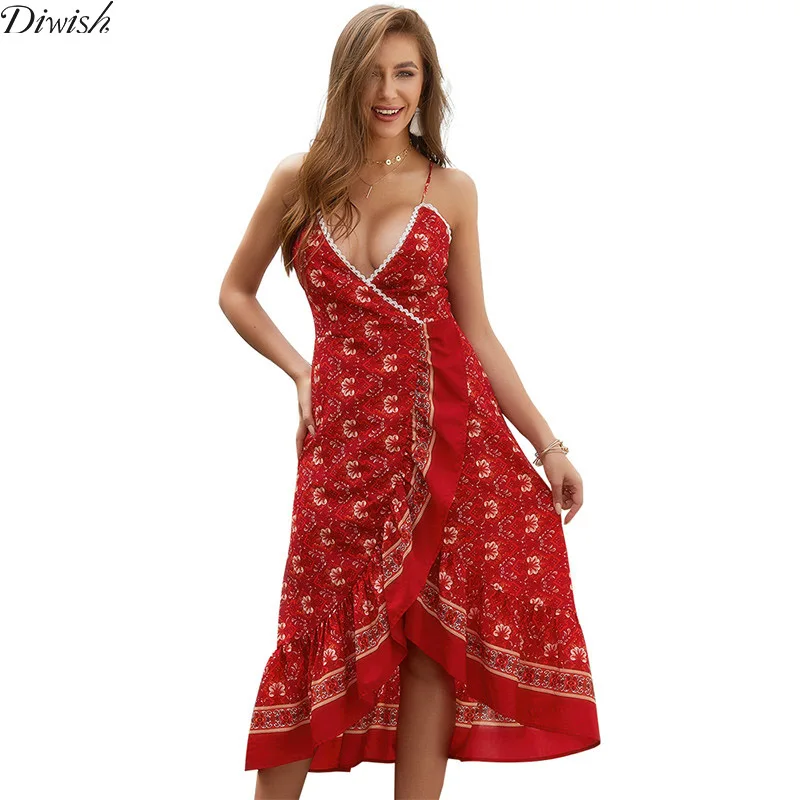 

Diwish Long Summer Women Split Dress 2019 Vintage Spaghetti Cross Strap Backless Deep V-Neck Red Floral Print Ruffles Sexy Dress