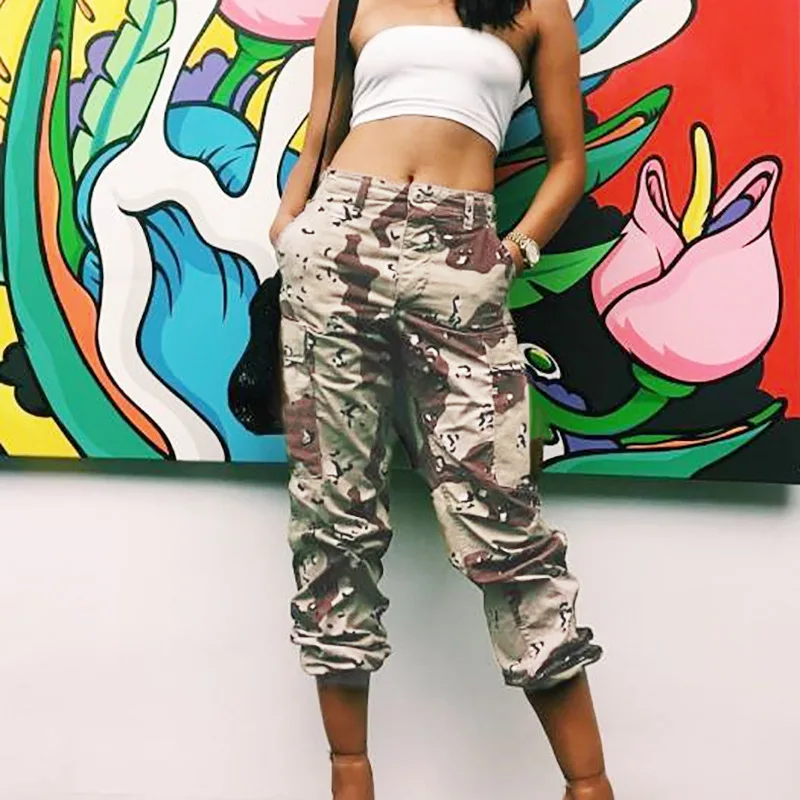 Safari Style Women Cargo Pants Leopard Sweatpants Joggers High Waist