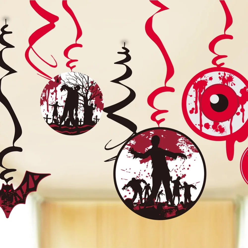 

Pack of 9 Creepy Halloween Party Swirls with Cutouts of Flying Bats Bloody Eyeballs Zombies Crow Ceiling Hanging Spirals Decor