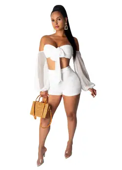 

Sexy Mesh Grid Bandage Two Piece Set Vintage Long Sleeve Off Shoulder Crop Top With Shorts Women Set Casual Lace Up Club Outfit