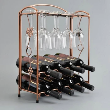 

Free shipping Metal Wine Rack Novel Collapsible European Style Rack Holds 8 Bottles and 8 Cups for Home, Bar, Cafe - Bronze