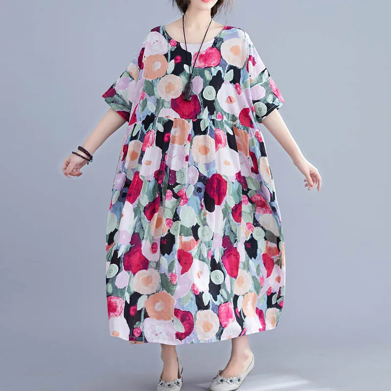Женский летний сарафан 4XL 5XL 6XL размера плюс, винтажное большое свободное платье с цветочным принтом, хлопковое льняное макси платье, свободные пляжные платья