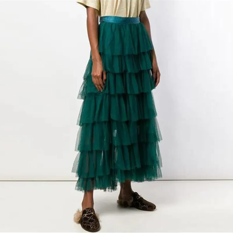 

Fashion Dark Green Tiered Tulle Skirt High Waist Zipper Style Floor Length Maxi Skirts Chic Ruffle Saia Longa Faldas Custom