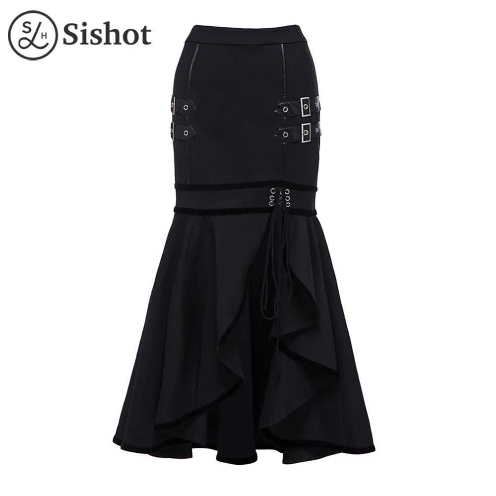 SISHOT Gothic Style Women's Skirts Black Trumpet Lace up Skirt Ruffle