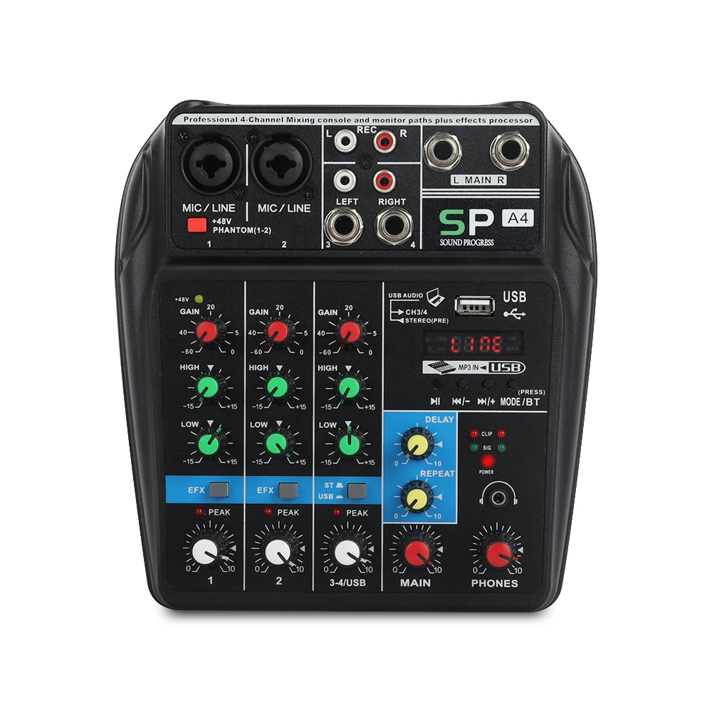 

A4 4Channels Audio Mixer Sound Mixing Console with Bluetooth USB Record 48V Phantom Power Monitor Paths Plus Effects Use