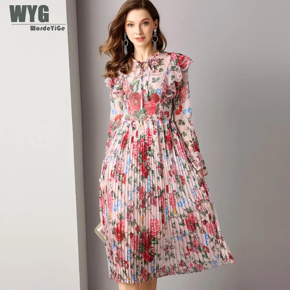 

European Style Floral Dress 2019 Spring New Arrival Rose Flowers Blooming Ruffles Long Sleeve Pleated Silk Bohemian Dress