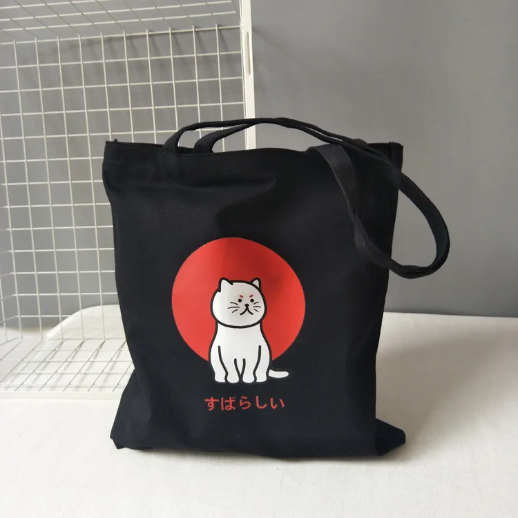 

Women Tote Bag Korea Cat Canvas Shopping Bag Ulzzang Animal Prints Handbags Girl Student Single-Shoulder Bags With Zipper