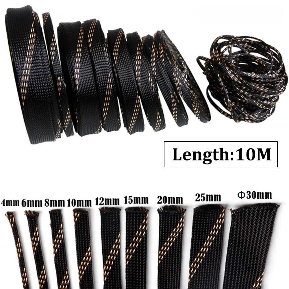 

10M Insulation Braided Sleeves Black+Gold 4/6/8/10/12/15/20/25mm Wire Protection High Density Expandable Braided Sleeving Cable