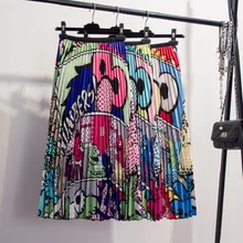 Faldas Mujer Moda, летние повседневные плиссированные женские длинные юбки с мультяшным принтом, трапециевидная эластичная синяя розовая юбка с высокой талией