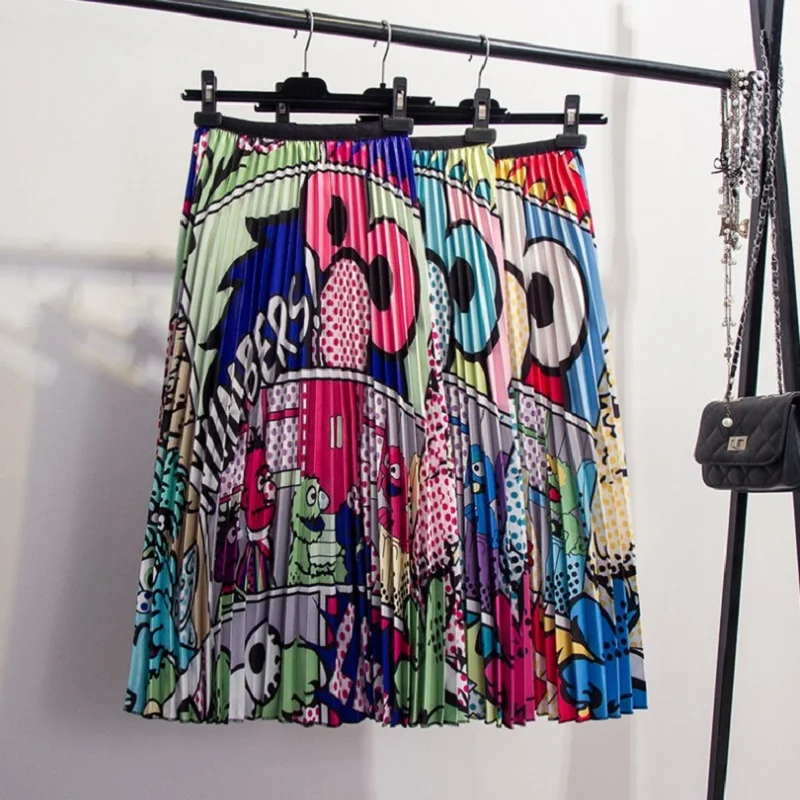 

Faldas Mujer Moda 2019 Summer Casual Cartoon Print Pleated Women Long Skirts High Waist A-line Elastic Blue Pink Skirt For Ladie