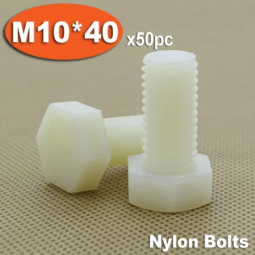 50pcs DIN933 M10 x 40 Fully Threaded White Plastic Nylon Bolts Hexagon Hex Head Bolt Set Screw Setscrews | Обустройство дома