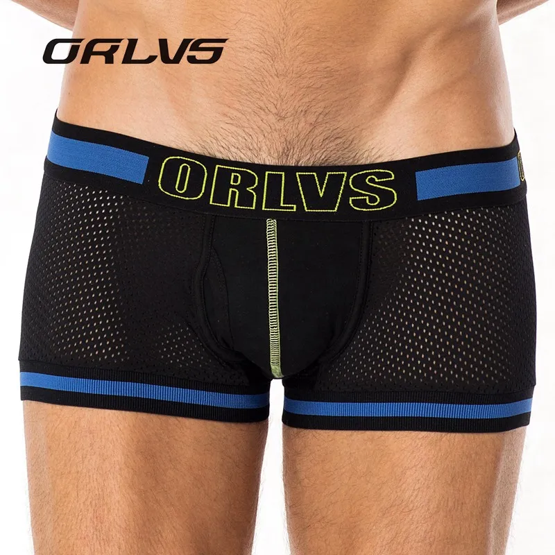 ORLVS, сексуальные боксеры для пениса, Сетчатое Мужское нижнее белье, u-образный мешочек, сексуальные подштанники, хлопковые трусы, боксеры, боксерские шорты для геев, мужские трусы OR499 - Цвет: Black