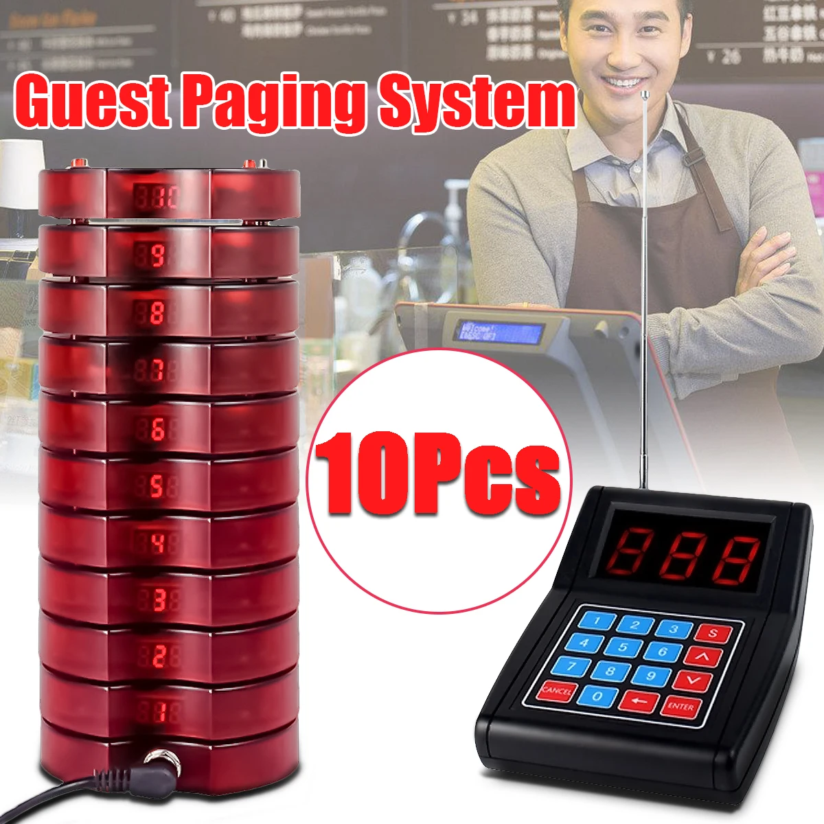 

999 Channel Restaurant Pager Wireless Paging Queuing Calling System Transmitter with 10 Coaster Pagers Restaurant Equipments