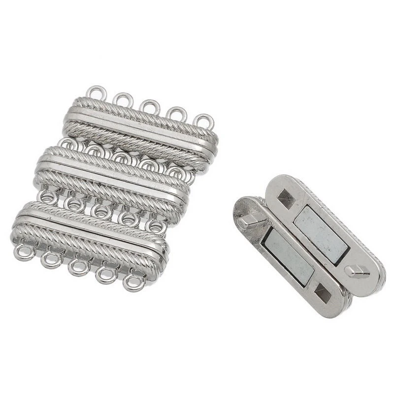 

5Pcs Magnetic Clasps silver Tone Stripes Carved Rectangle 2.8x1.45cm