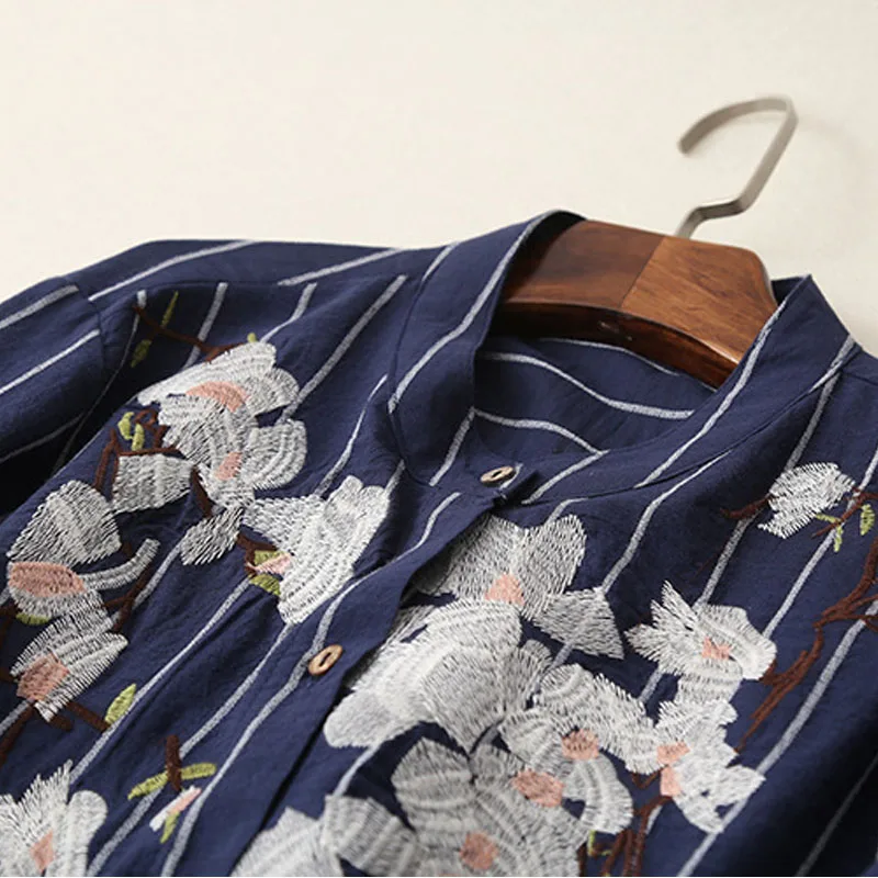 L508 модная Женская Весенняя рубашка в полоску с цветочной вышивкой и отложным воротником, Женская длинная дизайнерская Блузка темно-синего цвета