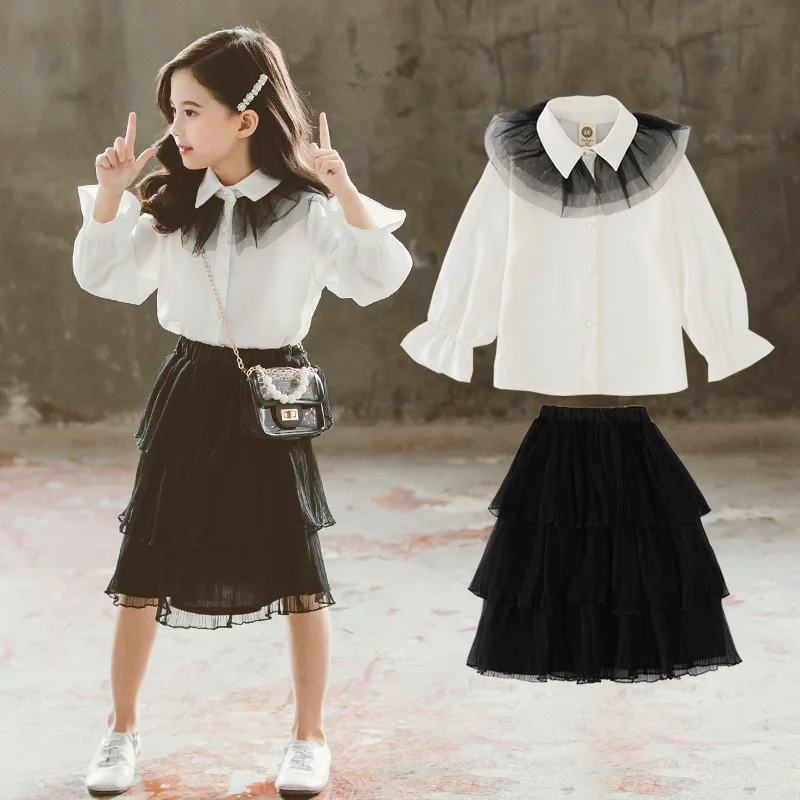 

Autumn 2019 children's clothes new girls sweet lace shirtwith cake overskirt two-piece suit for large children