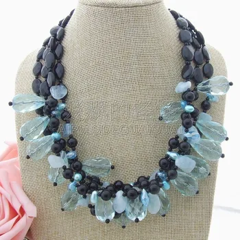 

N013015 20" 3 strands Onyx Blue Crystal Stone Necklace