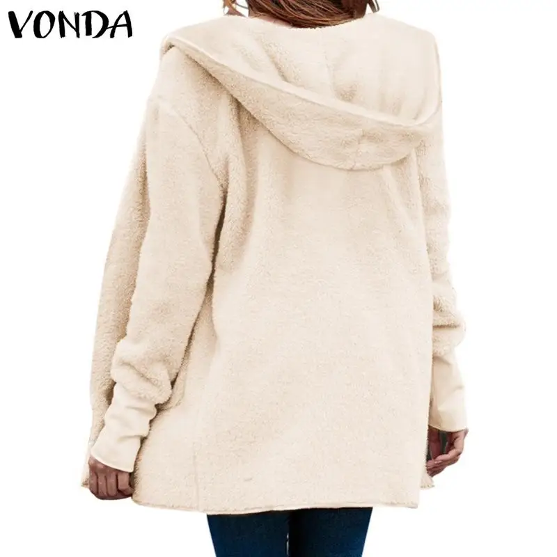 VONDA Women Faux Fur Hooded Jackets Fuzzy Casual Coats Outwear Cardigans Winter Warm Coat Plus Size Solid Color Streetwear