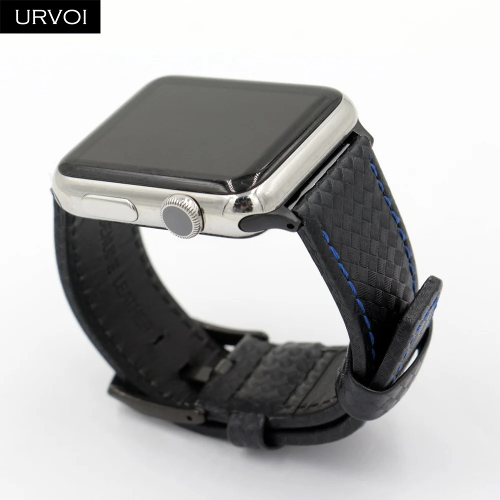

URVOI Carbon fiber pattern leather band for Apple Watch series 4 3 2 1 strap for iwatch stainless steel buckle CFRP style