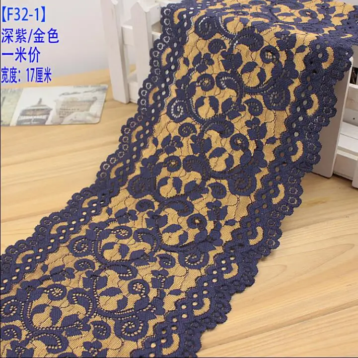 

1 Meter Purple With Gold High Quality Handmade Elastic Stretch Lace Fabric Wedding Dress Skirt Lace Trim Sewing Accessories 17cm