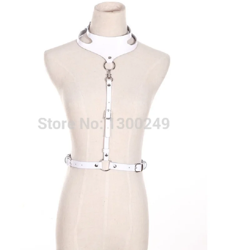 

Women sexy Stud Punk leather harness Goth Handmade Body Bondage halter White Black waist belt Chest belt metal hook hot rock