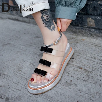 

DORATASIA New Sweet Butterfly Knot Genuine Leather Shoes Sandals Woman Summer Ankel Buckle Sandals Woman Wedges Shoes Woman