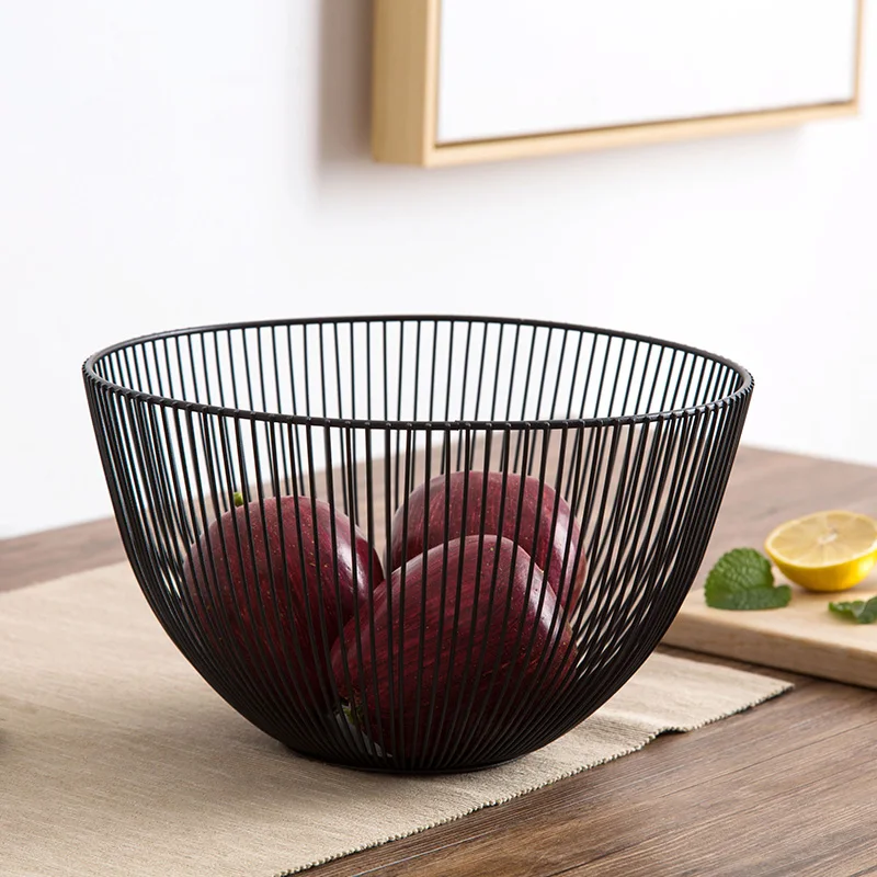 Home Storage Basket Fruit Basket Wrought Iron Hollow Desktop Snack Round Baskets Living Room Organizer Kitchen DecorationB12