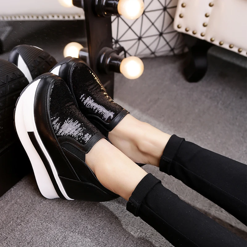 

Womens Chic Sequins Bling Casual Shoes Platform Wedge High Heel Slip On Sport Sneakers Black White 12CM Heels A1197