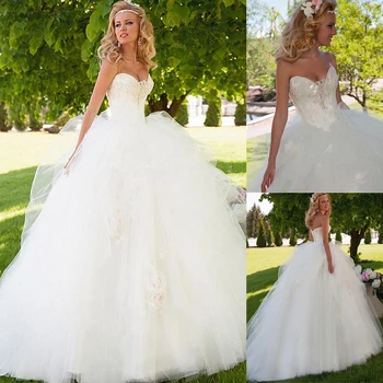 

Glamorous Ball Gown Wedding Dress With Beadings & Handmade Flowers Pick Up Skirt Bridal Dress robe de mariage