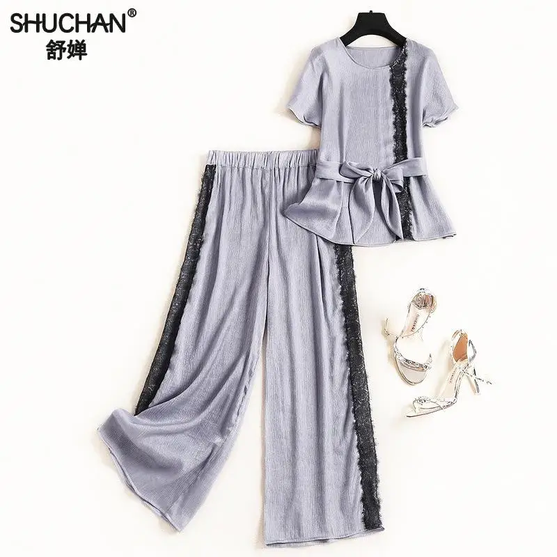 

Shuchan Women Clothing Set For Summer Patchwork Lace Top+wide Leg Pants Ankle-length Elastic Waist Office Lady Two Piece Set