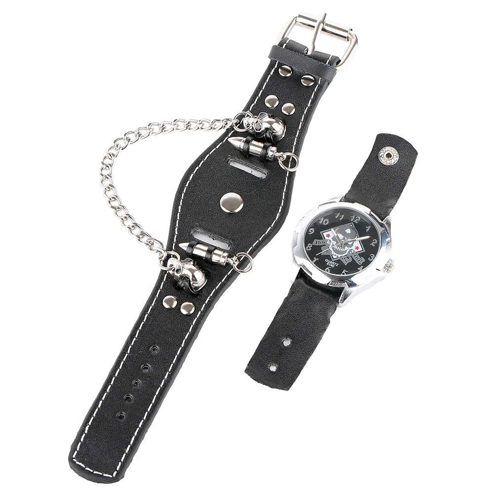 Gothic Style Rock Wrist Watch Sport Bullet Chain Skull Quartz Watches Cool Mens Leather Band Strap With Steampunk Bracelet Gift 1 (4)