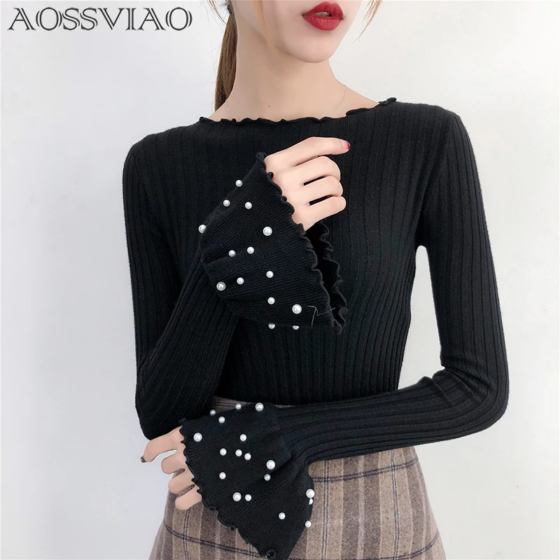 Kopen AOSSVIAO Winter Trui voor Vrouwen Herfst Truien Parel Kralen Dikke Trui Lady Warm Knit Trui Flare Mouw Vintage Top