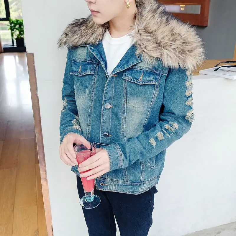 2017 Winter Men Ripped Jean Coat Male Denim Jacket With