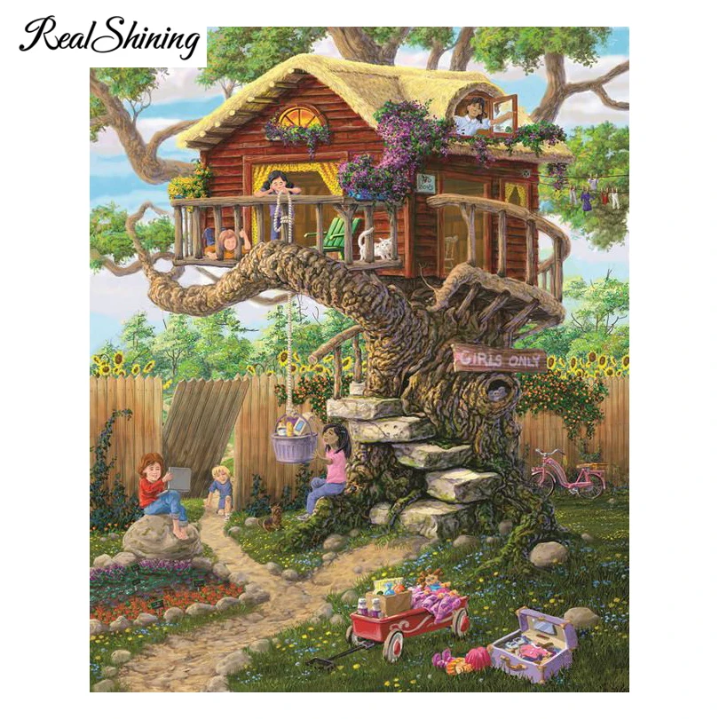 

REALSHINING DIY Diamond Painting Cross Stitch Tree House Needlework 5D Diamond Embroidery Mosaic Full Square Rhinestones FS669