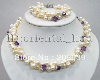 

huij 001850 18inch Double Strands Natural White FW Pearl& Necklace Bracelet Set