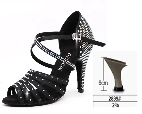 WUXIJIAO новые бронзовые черные атласные латинские женские туфли для танцев сальса со стразами туфли для танцев женские бальные танцевальные туфли каблук 5 см-10 см - Цвет: black heel 6cm