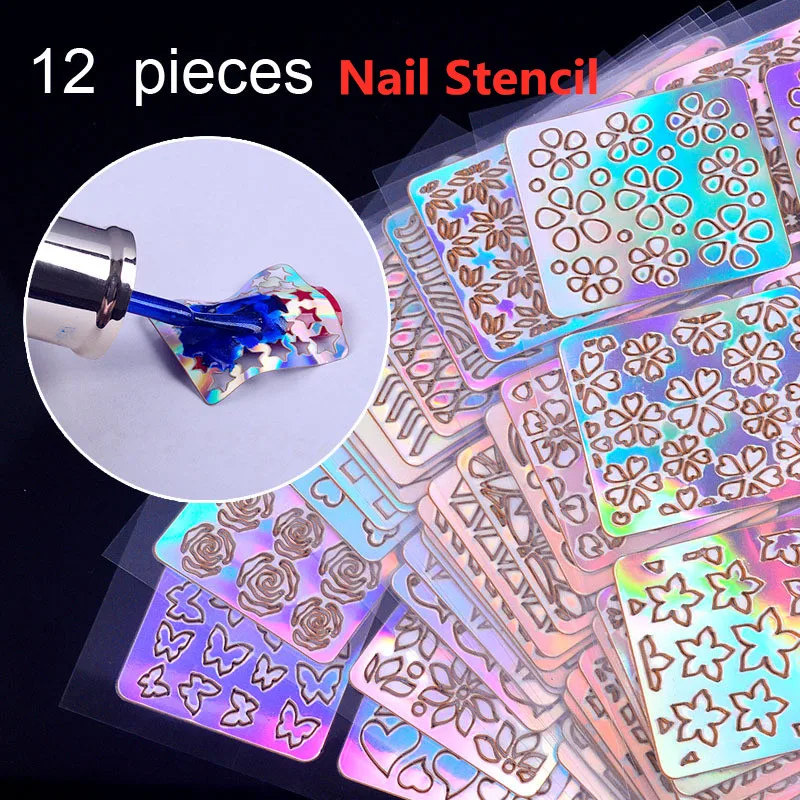 

12 Sheets Nail Art Hollow Stickers Nail Vinyls 3D Image Transfer Guide Stencil Set Laser Irregular Pattern Mixed Decals