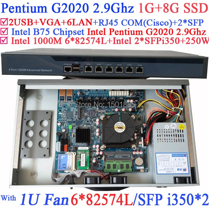 Ethernet router 1U Firewall with 6 1000M 82574L Gigabit Nics 2 i350 SFP ports Intel Pentium