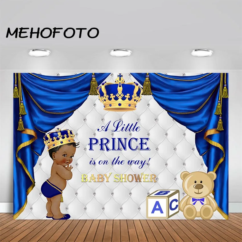 

MEHOFOTO Royal Prince Gold Crown Africa American Baby Shower Photography Background Royal Blue Curtain Photo Backdrops
