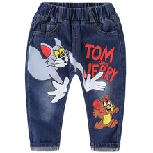 Джинсы для маленьких мальчиков 2-8 лет, длинные штаны с мультипликационным принтом, vetement enfant fille, весенне-летние синие детские джинсовые штаны для девочек