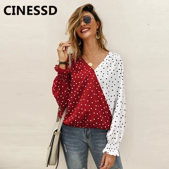 CINESSD Women Patchwork Polka Dot Blouse Casual Tops V Neck Long Sleeves Red 2019 Autumn Winter Office Ladies Blouses Tee Shirts kids heart polka dot tee
