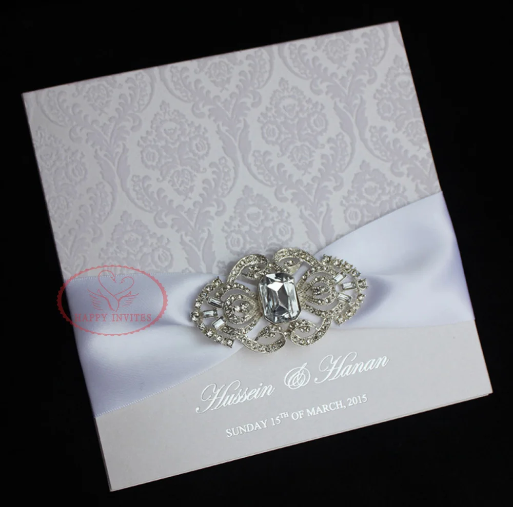 HI6023-01 Elegant White Flocking Invites with Ribbon and Brooch