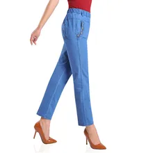 Тонкие джинсы женские летние джинсовые бриджи с вышивкой джинсы размера плюс 5XL с высокой талией эластичные повседневные штаны женские джинсы до середины икры H450