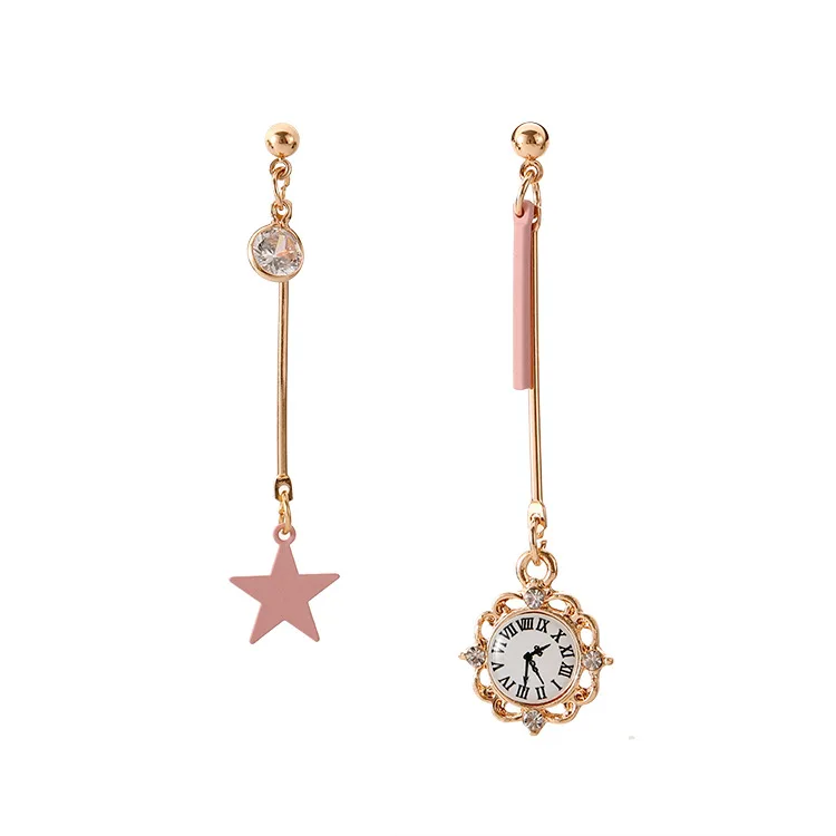

2019 Hot Style High Quality Korean Girl Heart Long Pentagon Star Alarm Clock Eardrop Chandelier Earrings Long Earrings