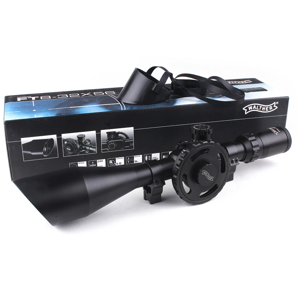 WALTHER FT 8-32X56 Hunting Riflescopes Mil Dot Reticle Large Side Wheel Parallax Adjustment Shooting Scope with Dovetail Rings (2)