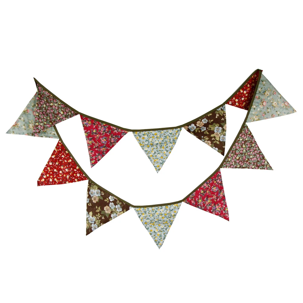 

12 Flags-3.2m Floral Print Cotton Fabric Bunting For Birthday Tea Party Home Wedding Party Decor Kid's Photography Props