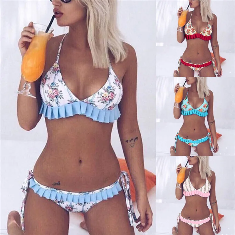 Summer Women sexy Two Pieces Floral Ruffles Bikini Push-Up Padded Swimwear Swimsuit Bathing Beachwear Ladies Swimming Wear | Спорт и